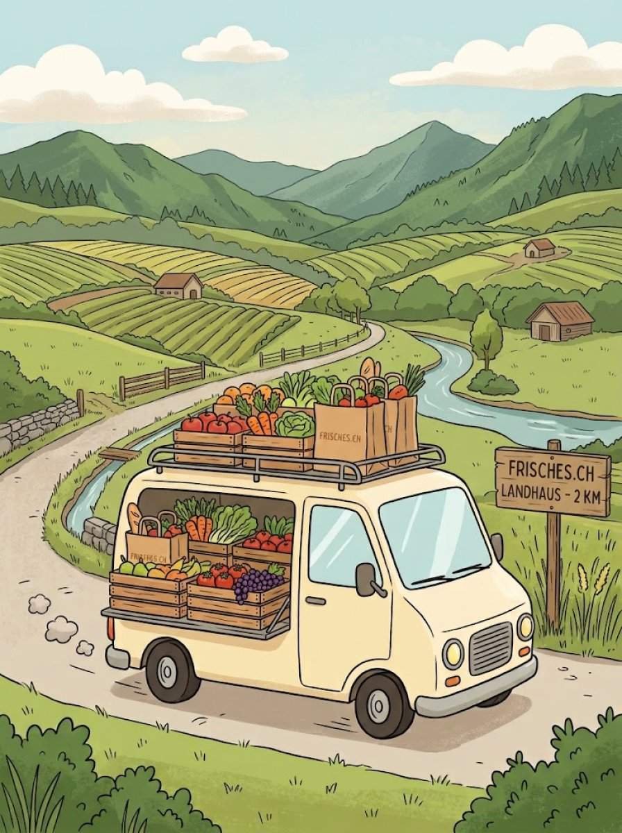 Illustration eines Lieferwagens mit Gemüse und Früchten auf dem Land