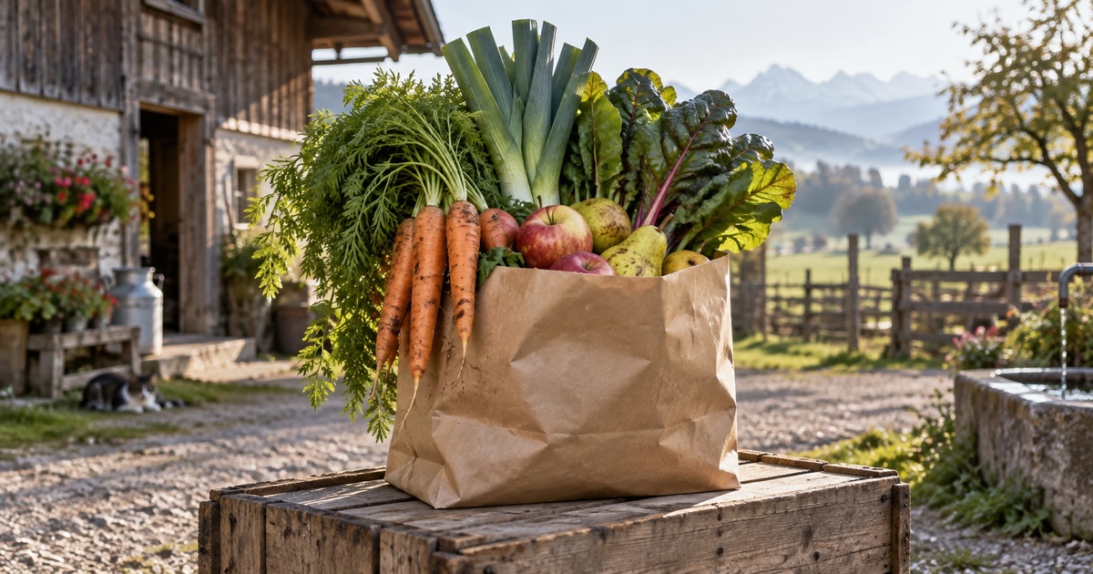 Papiertasche mit saisonalem Gemüse und Früchten auf einem Hof