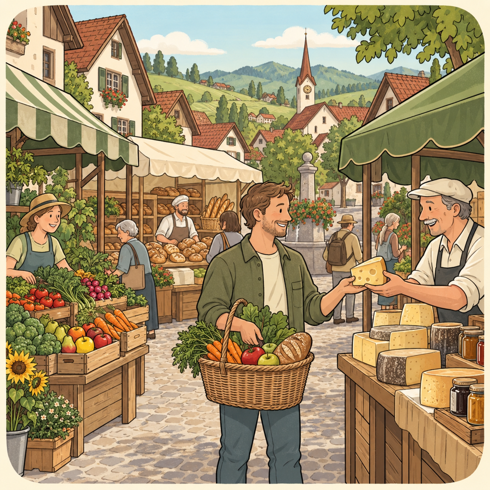 Illustration: Ein Kunde kauft Gemüse, Früchte, Brot und Käse an verschiedenen regionalen Marktständen